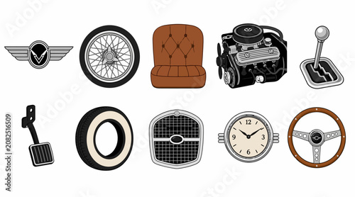 Vintage Car Parts and Accessories Collection Illustration.