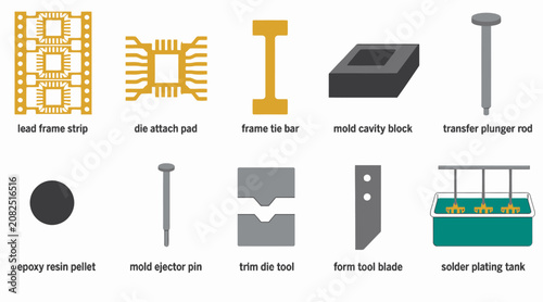Collection of industrial and electronic components illustration.