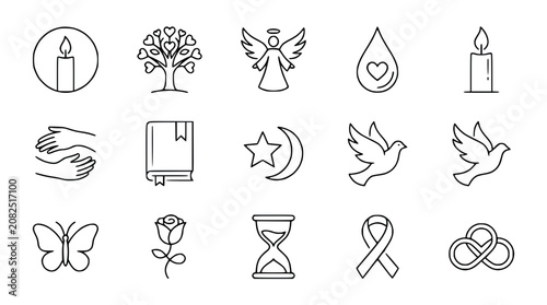 Set of religious, spiritual, and memorial line art icons: candle, angel, dove, rose, tree, hourglass, butterfly