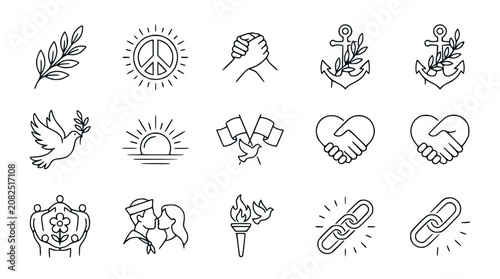 Set of Line Art Icons: Peace, Unity, Love, Hope, and Connection Symbols