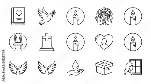 Sympathy and Remembrance Icons Set: Grief, Loss, Funeral, Condolence, Memorial Symbols