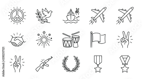 Peace and War Symbols Icon Set - Dove, Peace Sign, Airplane, Gun, Handshake, Laurel Wreath