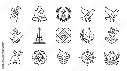 Collection of Peace and Hope Symbols: Dove, Bell, Laurel Wreath, Hands, Anchor, Flame