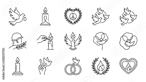 Peace Symbols Collection: Doves, Candles, Poppies, Rings, Heart, Laurel Wreath, Soldier Helmet