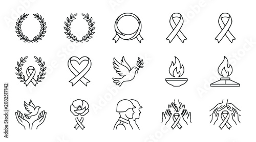 Set of Memorial and Remembrance Icons: Laurel Wreath, Ribbon, Dove, Poppy, Flame, Soldier Silhouette