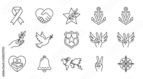 Set of Line Art Icons for Peace, Unity, Hope, and Support Symbols