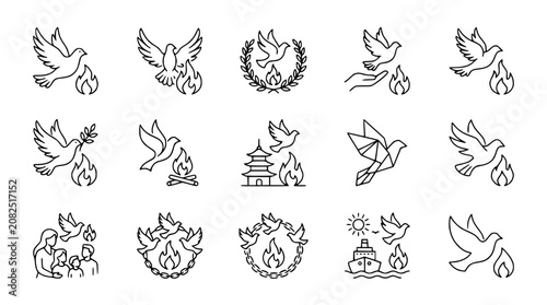 Dove Icons Set: Peace, Spirituality, Hope, Fire, Olive Branch, Laurel Wreath, Family, Faith