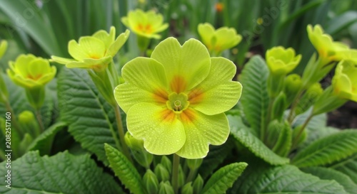 Bright yellow primrose flowers blooming among lush green leaves, capturing the freshness and vibrant beauty of a flourishing spring garden
