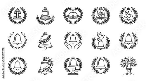 Set of Bell Icons with Wreath and Laurel Designs - Symbolizing Peace, Celebration, and Greetings