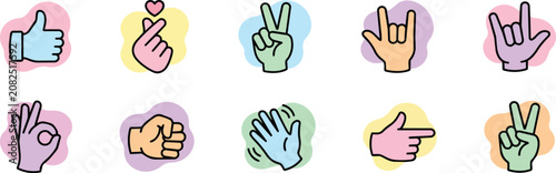 Colorful Hand Gestures Icon Set Vector Illustration, Thumbs Up, Peace Sign, Ok, Finger Heart, and Rock On Line Art Emoticons