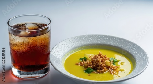 Creamy pumpkin soup garnished with crispy toppings, served alongside a refreshing iced beverage in a clean, modern dining presentation