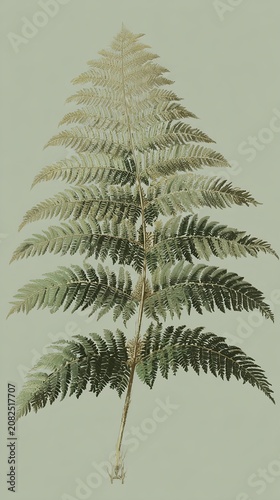 New Zealand tree fern with lush fronds on a muted green background