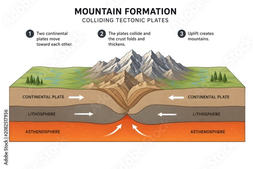 Mountain Formation Through Tectonic Plate Collision Educational Diagram