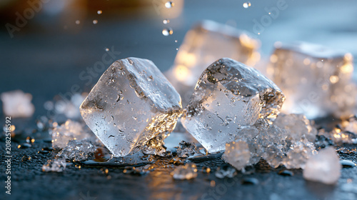 Clear Ice Cubes Close Up With Water Droplets and Reflections