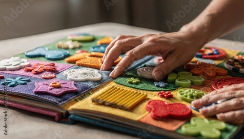 Medium shot capturing hands checking a large tactile board books colorful pages focusing on the textures and illustrations while the environment fades softly away
