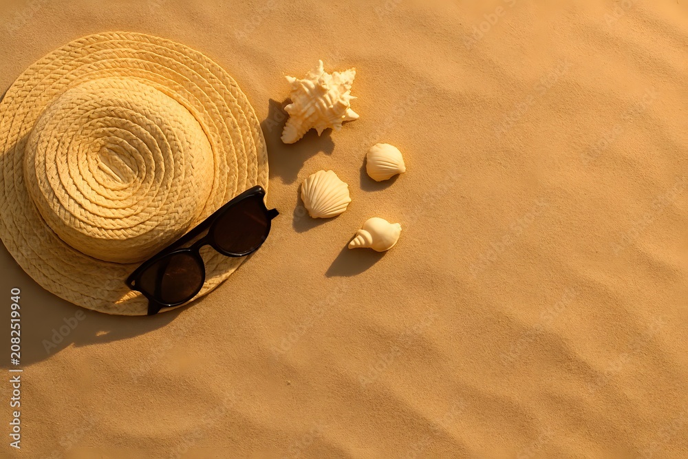 Fototapeta premium Straw hat, sunglasses and seashells on golden sand with copy space