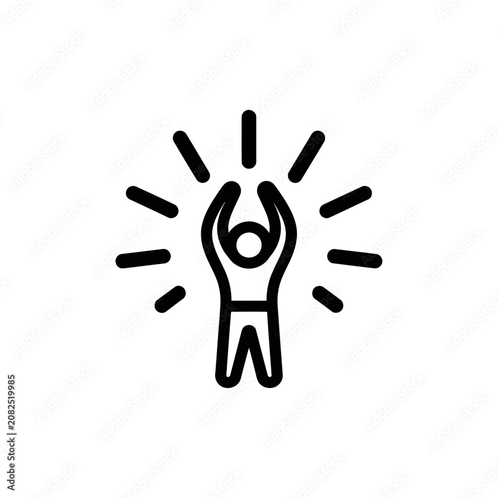 Fototapeta premium Joyful person with raised arms and energy rays icon.