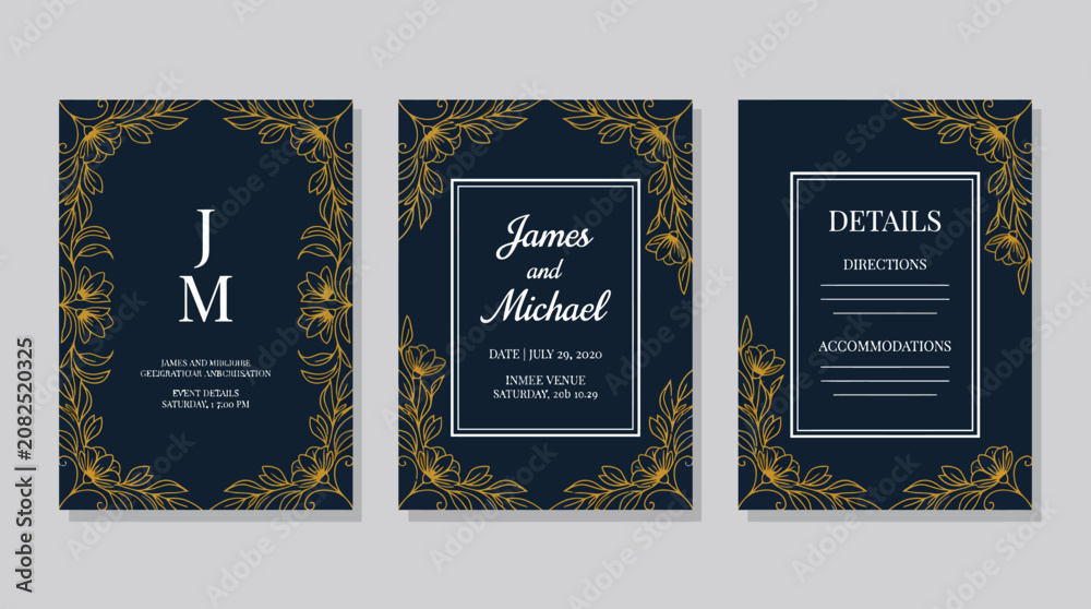 Naklejka premium Elegant navy blue and gold floral wedding invitation suite with ornate frames and decorative typography