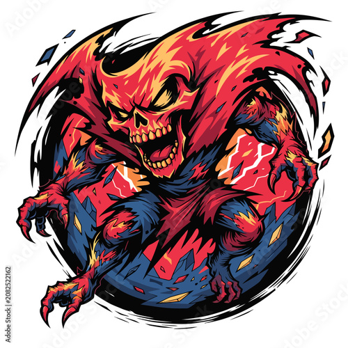 Εκτύπωση καμβά Fierce Flaming Demon Creature with Sharp Teeth and Claws.