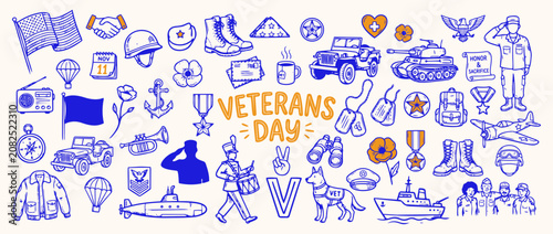 Tableau sur toile Veterans Day Doodle Collection: A whimsical doodle collection representing Veterans Day, featuring military symbols, service elements, and patriotic imagery