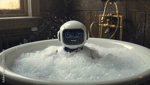 レトロな浴室の泡風呂で待機する清掃用AIロボット
