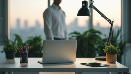 Business man working on a laptop in a modern office with a city sunset background