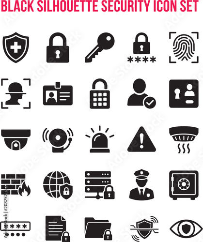 Black silhouette security icon set, cyber security, data protection, and home safety icons including lock, key, shield, fingerprint, CCTV camera, firewall, and guard vector illustrations.