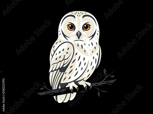 Majestic nocturnal creature, a beautiful white owl with striking golden eyes, perched gracefully on a dark branch against a stark black background, symbolizing wisdom and quiet observation