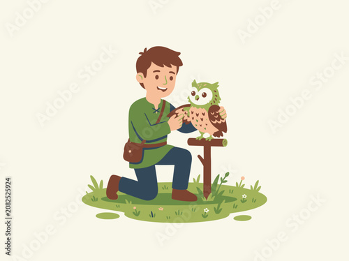 Young Falconer Gently Interacts with a Captivating Owl on a Perch Amidst a Lush Grassy Field