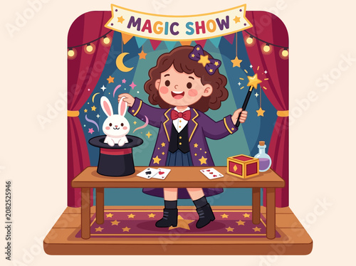 Magical Illusionist Girl Performing Amazing Tricks with Bunny and Wand at a Spectacular Magic Show