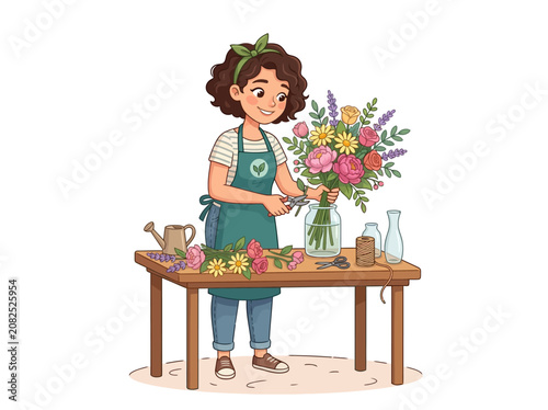 A smiling florist expertly arranging a vibrant bouquet of colorful flowers on a wooden table