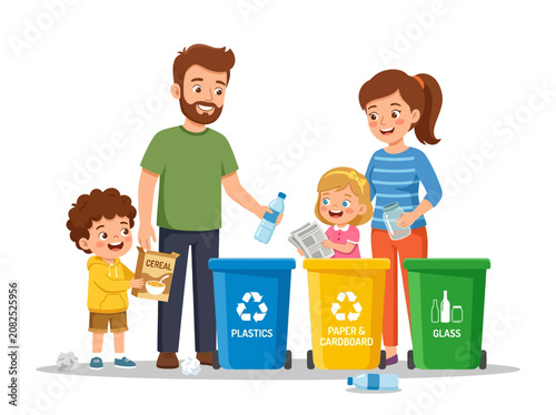 Happy Family Recycling Waste into Separate Bins, Teaching Children Environmental Responsibility and Sustainable Living Habits with Joyful Engagement