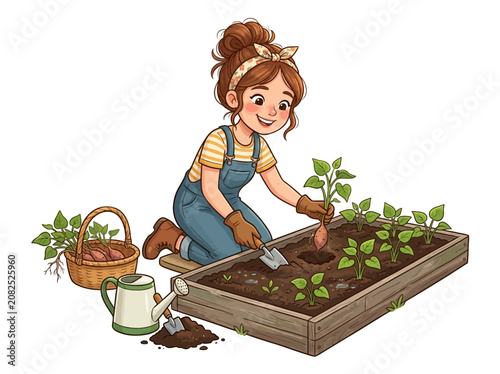 A cheerful young woman diligently planting a sweet potato seedling in a raised garden bed, surrounded by gardening tools and harvested produce