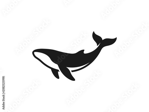 Elegant black whale silhouette captured in a minimalist vector illustration, representing the majestic beauty and vastness of marine life in the deep blue ocean