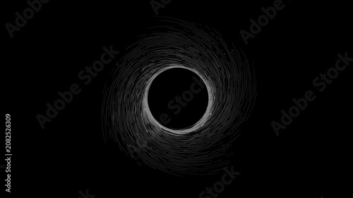 Abstract swirling white lines forming a mysterious dark vortex or black hole on a pure black background, science fiction concept