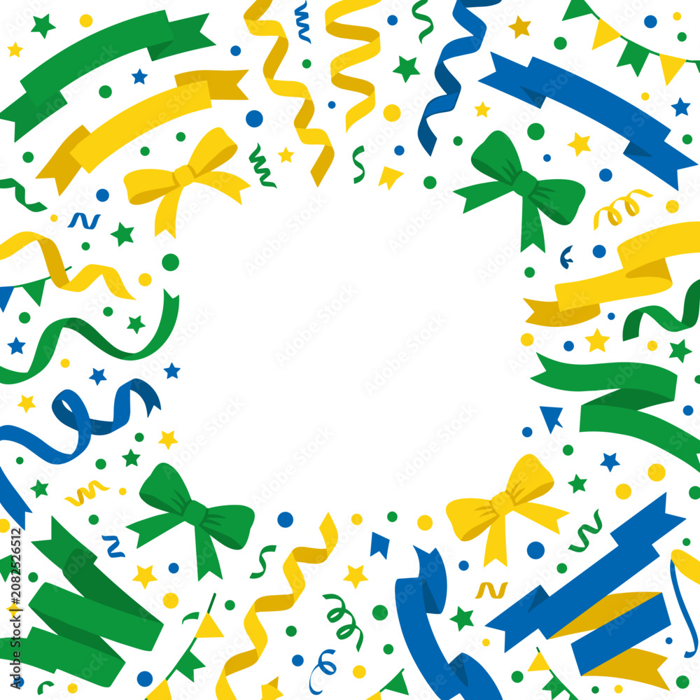 Fototapeta premium Brazilian Flag Colors Celebration Confetti Ribbons and Bows Border