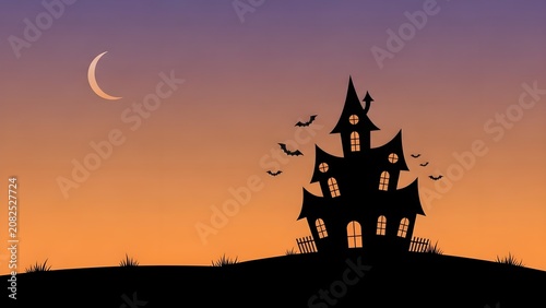 Silhouette of a spooky haunted house against a twilight sky with a crescent moon and bats flying around