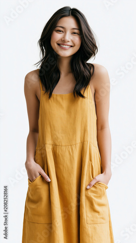 A person in a flowing golden dress stands with arms relaxed and smiling