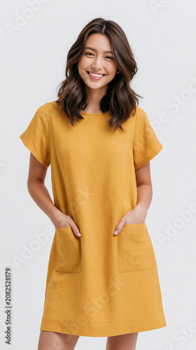 A smiling person in a yellow top posing outdoors with natural lighting