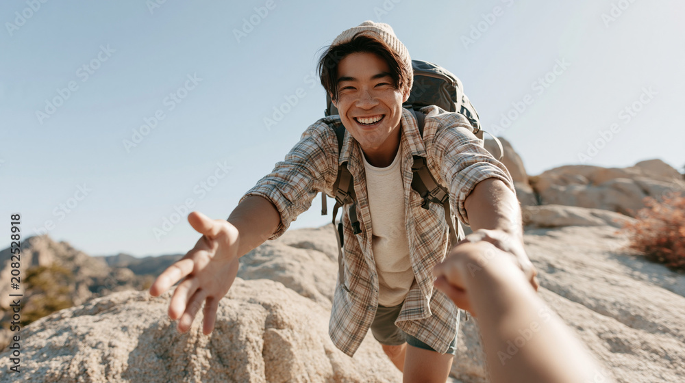 Obraz premium Person sitting on rocky edge overlooking vast landscape with arms raised