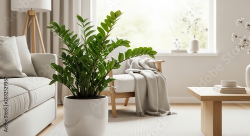 Vibrant ZZ plant in a stylish white ceramic planter bringing life to a bright and cozy modern living room interior.