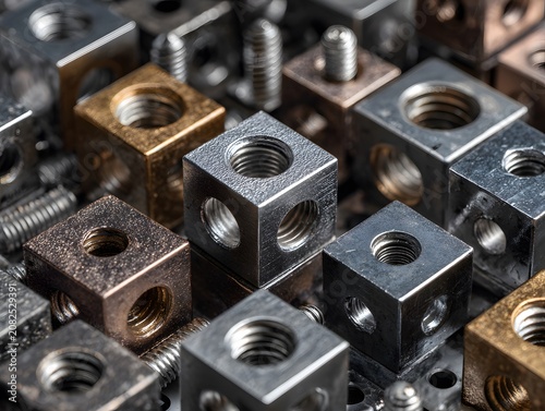 Close-up of threaded metal cubes and screws.