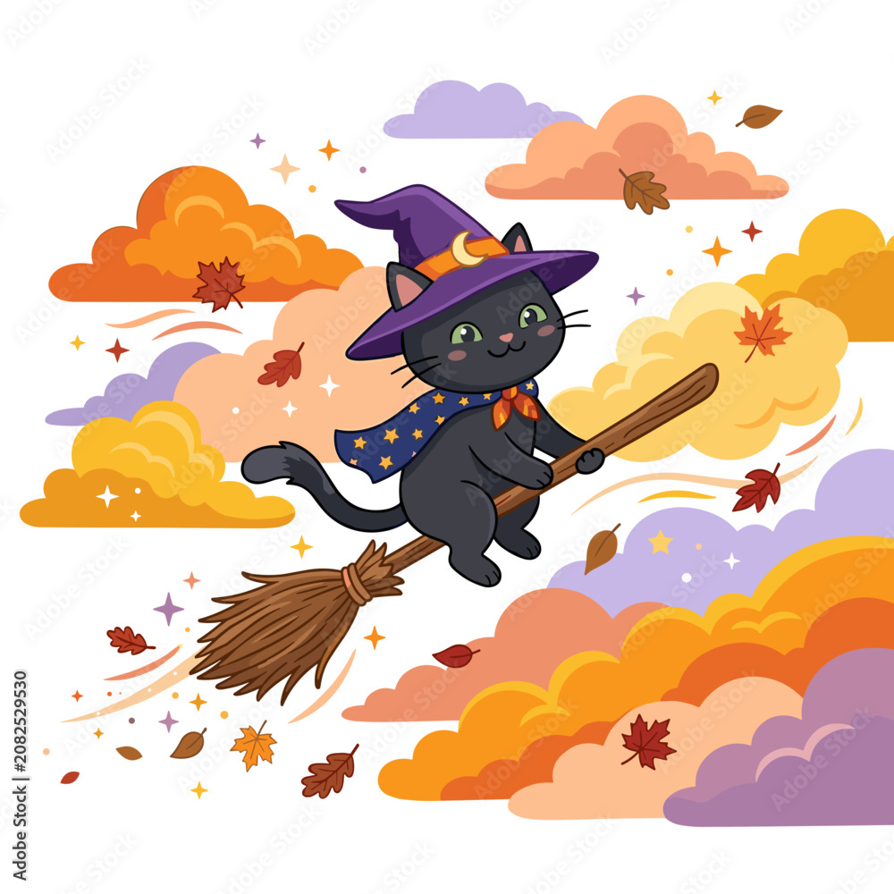 Fototapeta premium Cute black cat witch flying on broomstick with autumn leaves and clouds