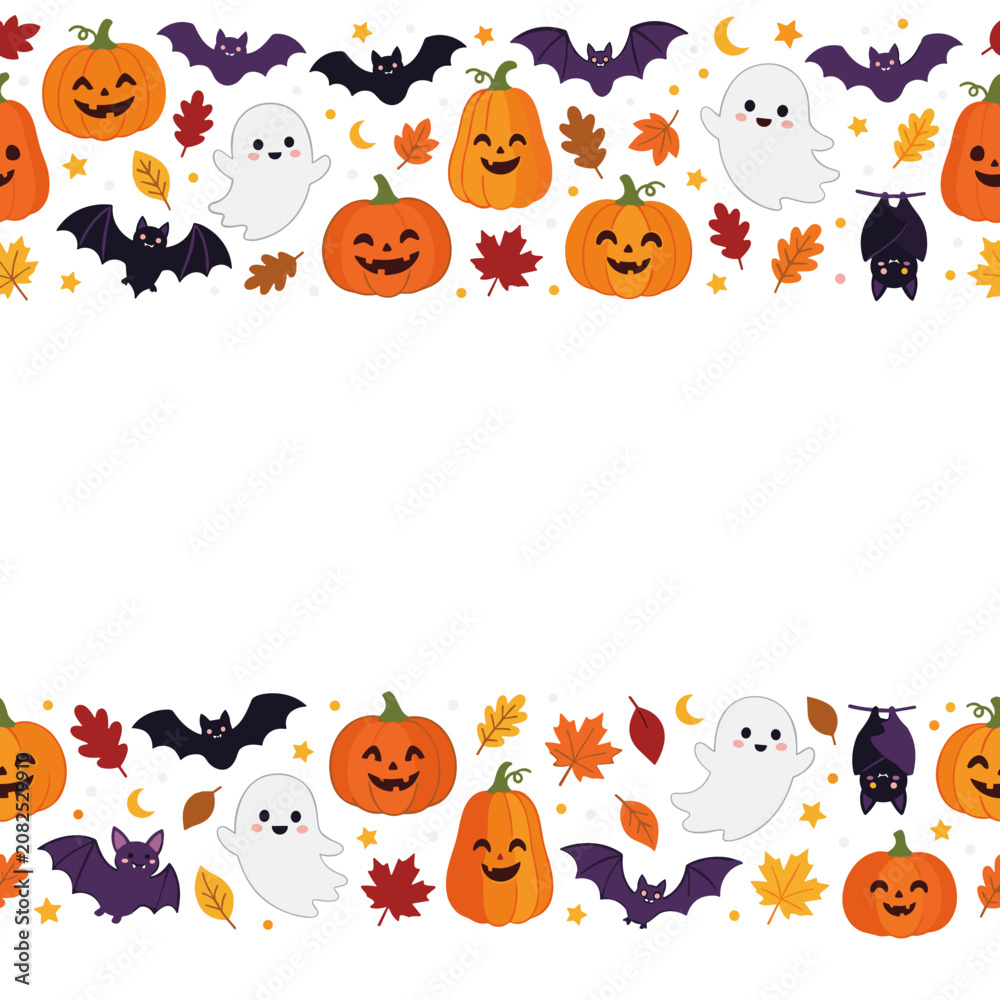 Fototapeta premium Cute Halloween Border with Pumpkins Bats and Ghosts