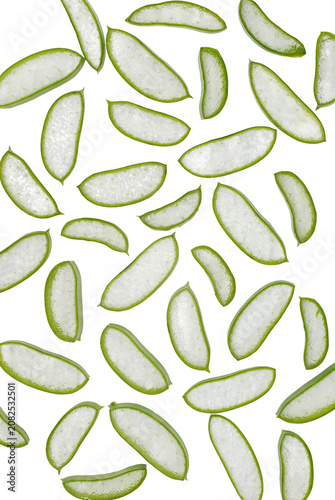 Flat lay pattern of scattered fresh aloe vera slices isolated on transparent background