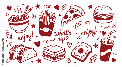 Fast food doodles set with pizza burger french fries ramen and tacos red line art vector
