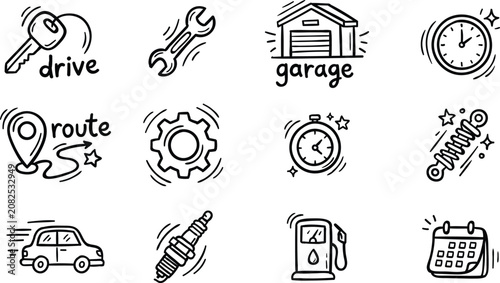 Auto service and car repair doodles set with mechanical tools garage and parts vector icons