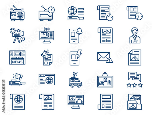 Global breaking news outline collection presents detailed journalism media elements. Information concept