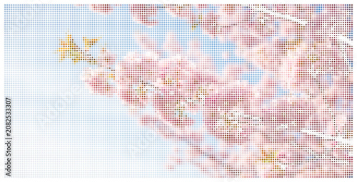 Beautiful pink cherry blossoms on tree branch halftone style illustration.