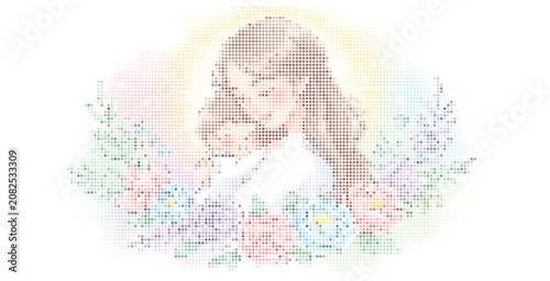 Beautiful mother hugging her child surrounded by floral garden art.